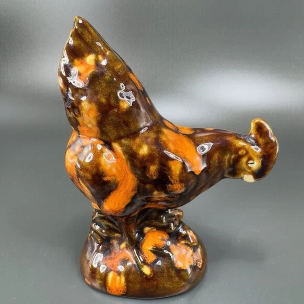 Vintage 1980s Folk Art Hand Glazed Chicken Hen Figurine Decorative Ceramic Decor